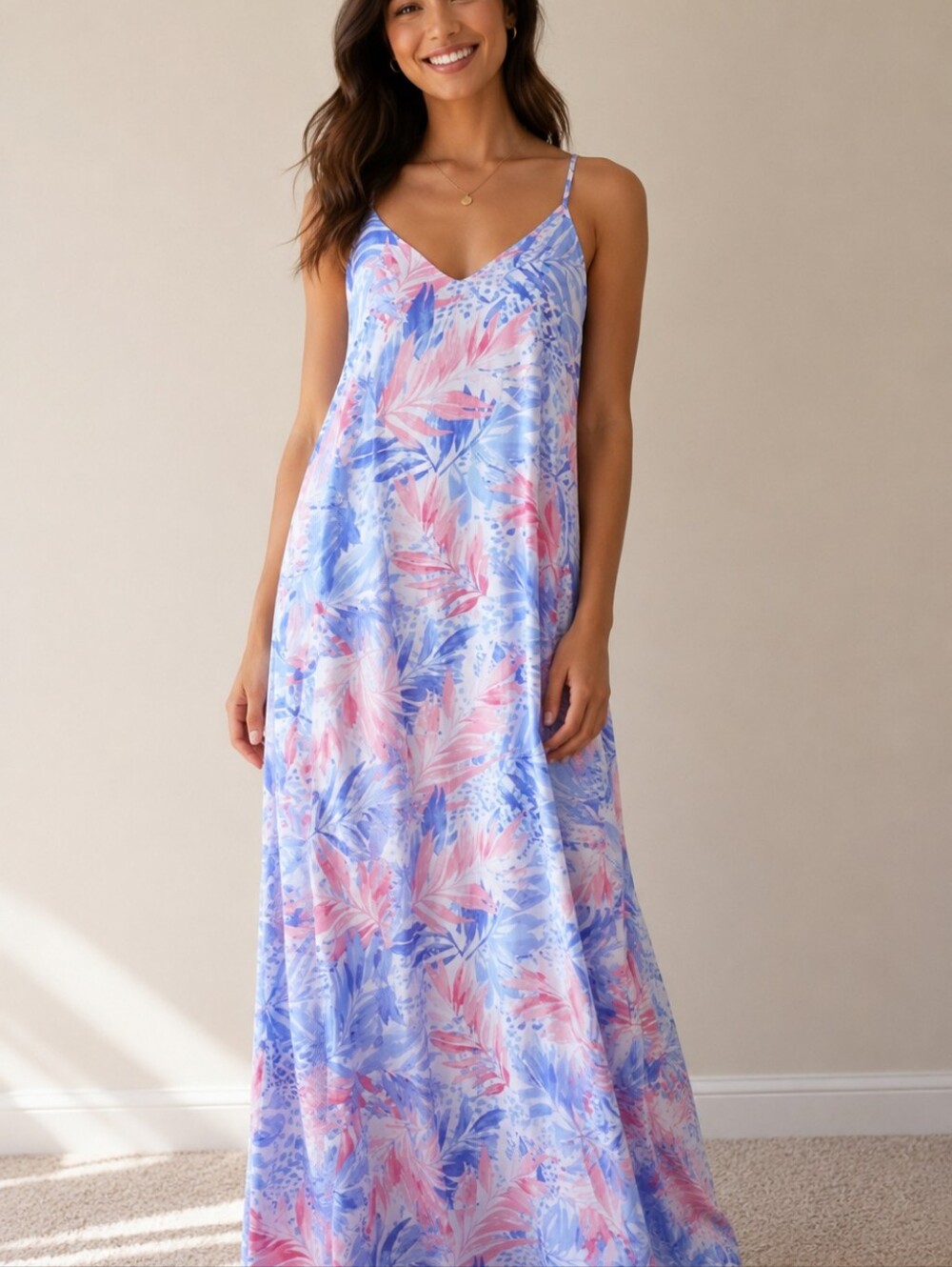 Nicole Miller Tropical Palm Leaf Maxi Slip Dress Pastel Blue & Pink Size Large